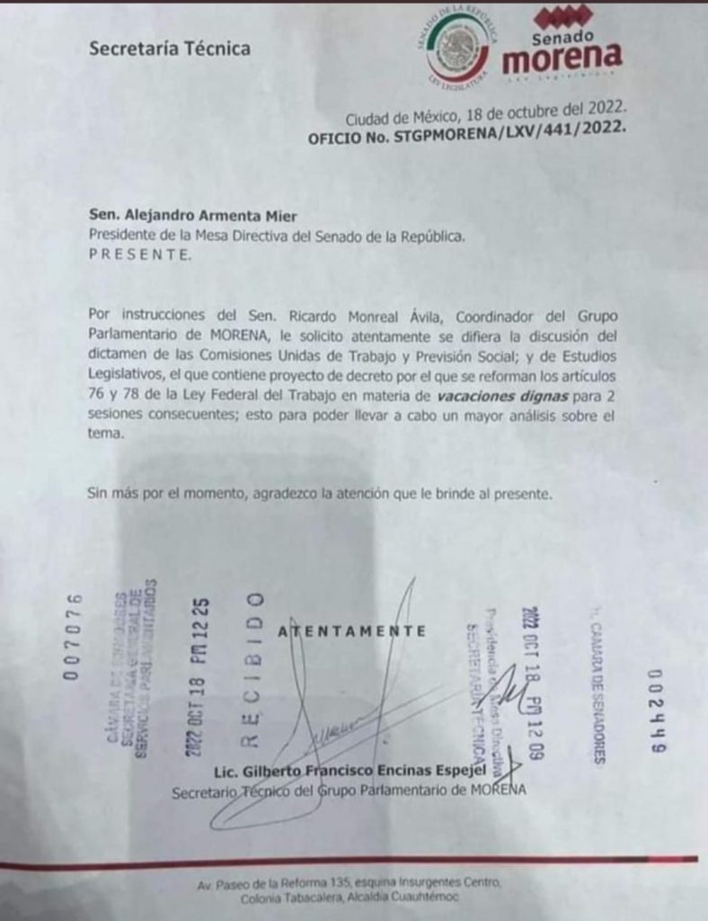 Documento Morena retrasa discusión de vacaciones en el Senado de la República