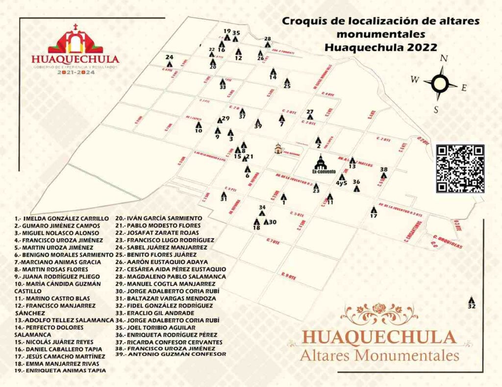 Mapa de los altares monumentales de Huaquechula Puebla