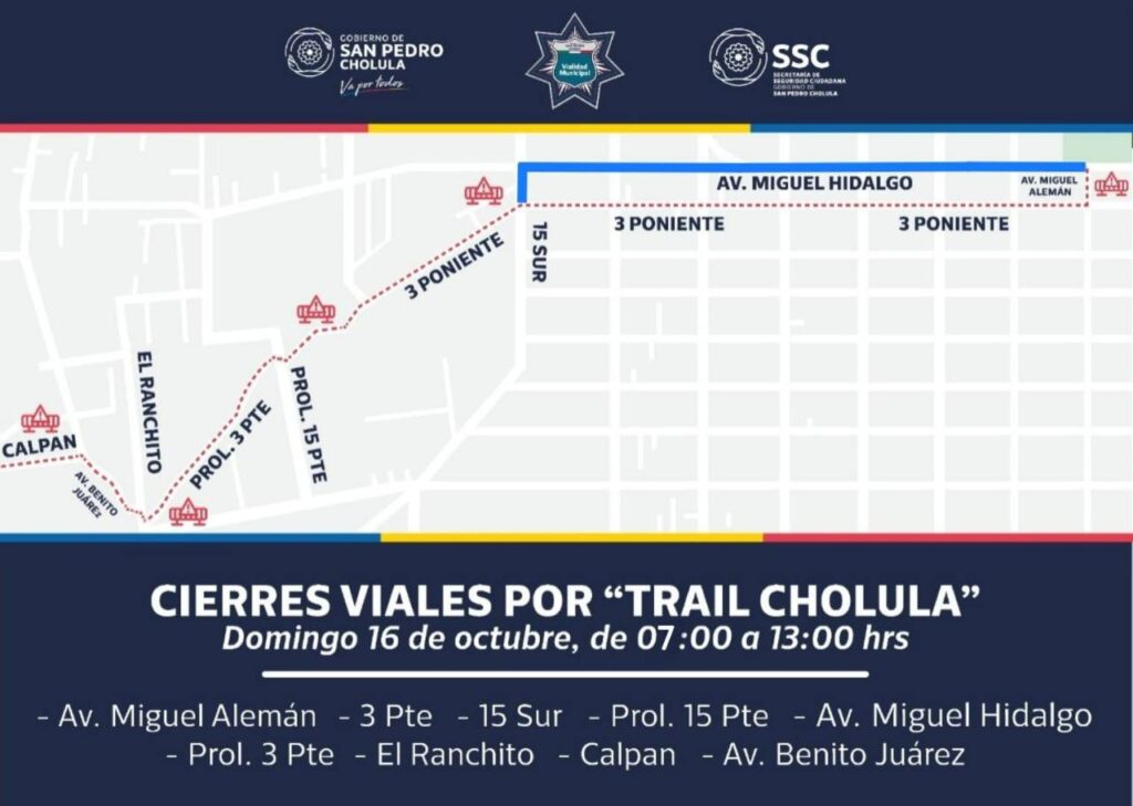 Cierres viales por carrera Trail Cholula