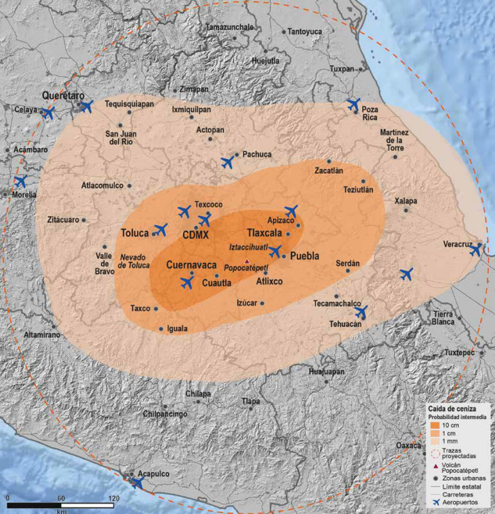 Mapa de Caída de Ceniza Volcánica del Popocatépetl, elaborado por la UNAM.