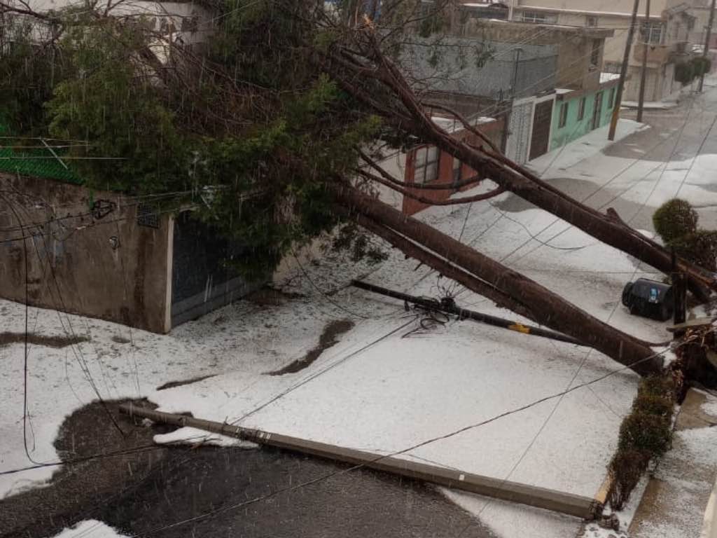 Intensa lluvia con granizo deja calles anegas, árboles y postes derribados en la ciudad de Puebla