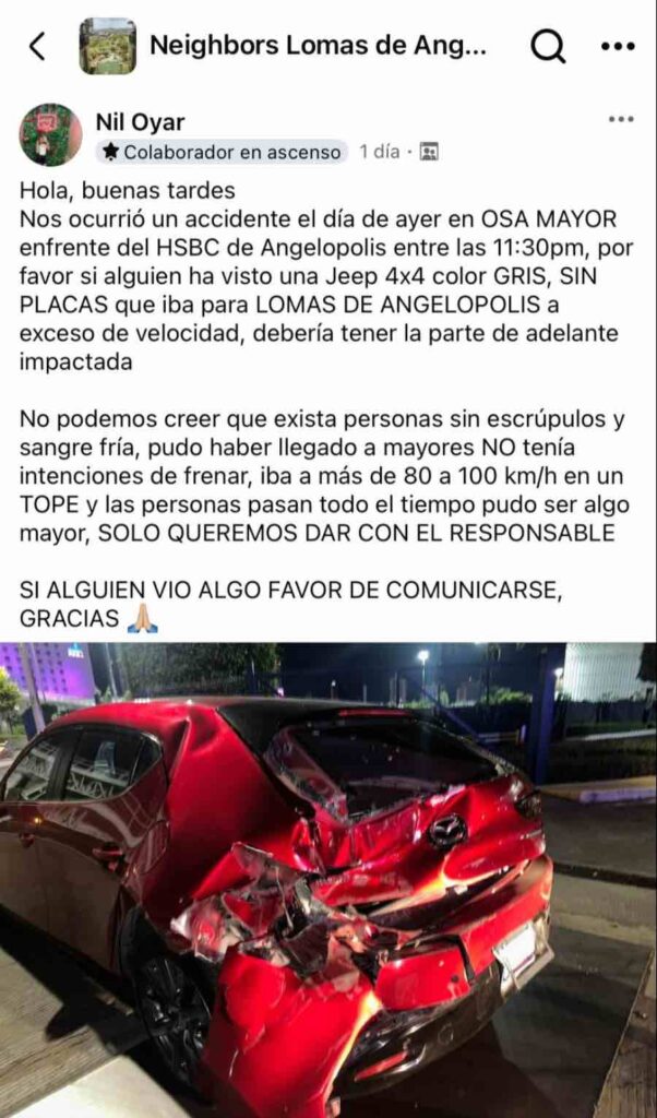 Buscan en Lomas de Angelópolis una Jeep gris que chocó contra otro vehículo y huyó 