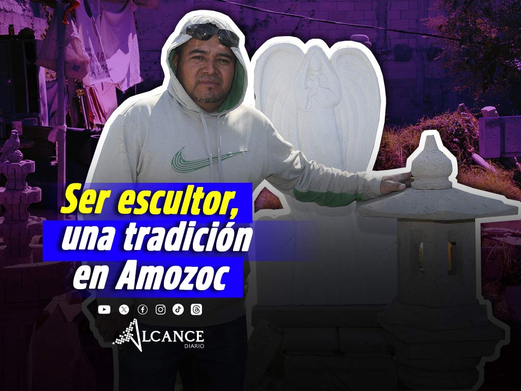 Joel trabaja la escultura en piedra, una tradición en Amozoc