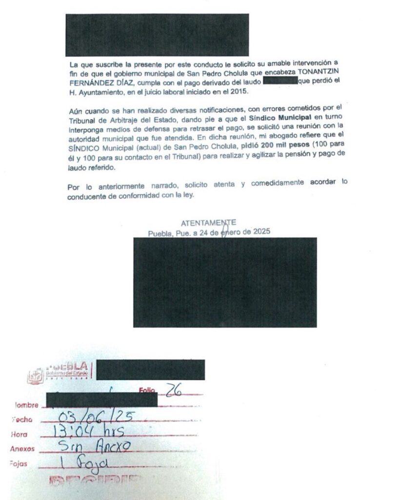 Denuncian presunta corrupción de síndico en San Pedro Cholula