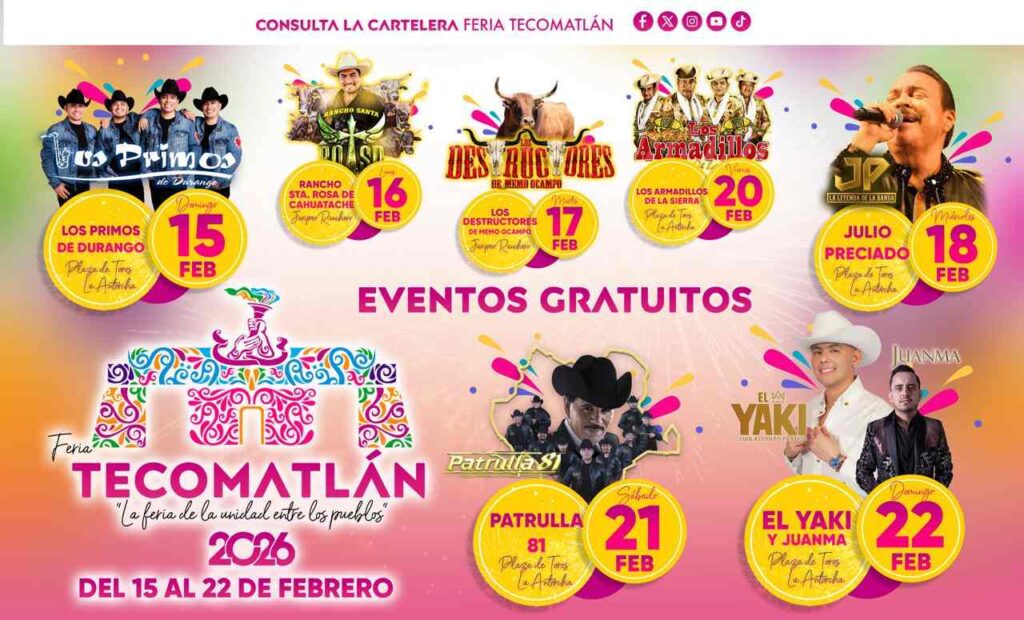 Tecomatlán anuncia feria 2026: Julio Preciado, Los Primos de Durango, Patrulla y más actividades