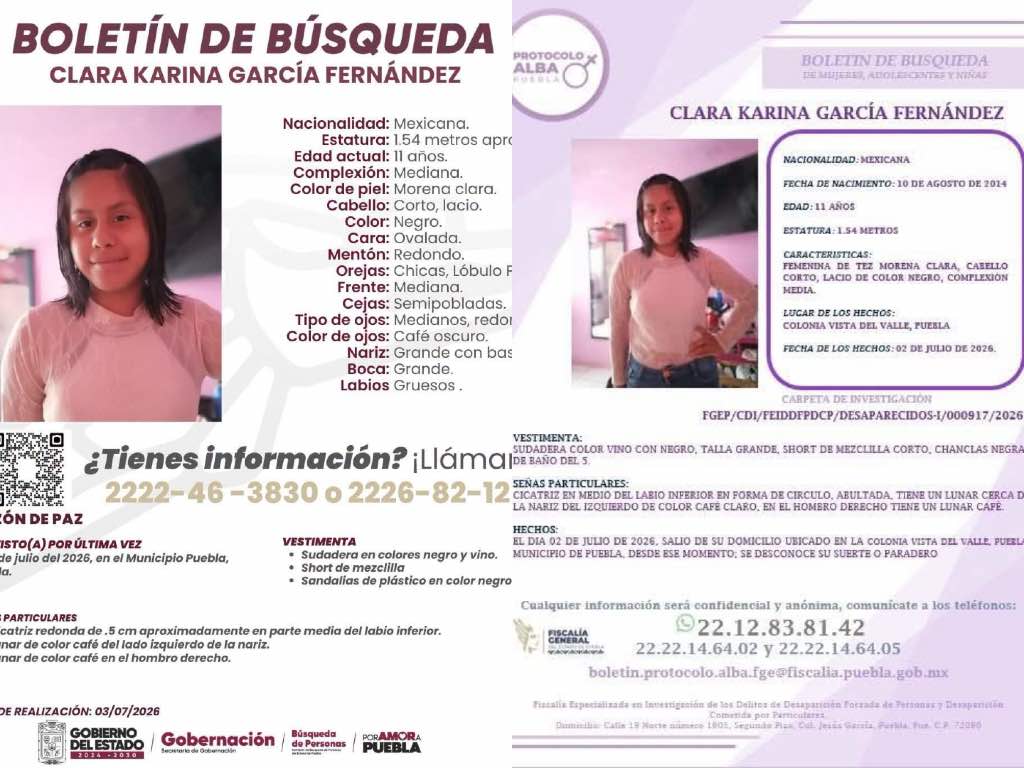 Activan Alerta Amber por desaparición de Clara Karina, de 11 años, en Puebla; salía de su casa en Vista del Valle